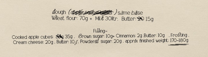 The footnote at the foot of the card, enlarged. Handwritten: 'dough (apple sauce butter) same base. Wheat flour 70g + Milk 30 litr. Butter: 90 15g' with 'apple sauce butter' and '90' struck through; below it 'Cooked apple cubes: 30g 35g' with the thirty struck through.