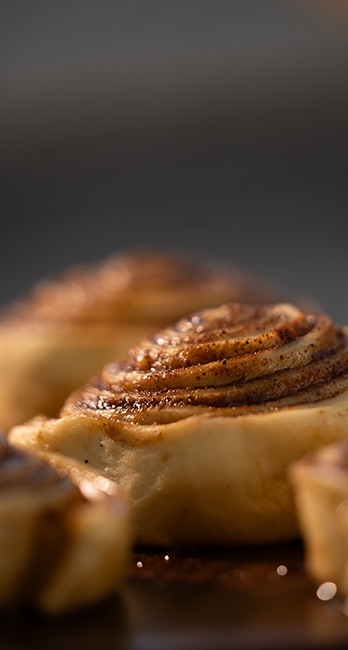 Macro: the spiral of a single baked roll before it is iced, the cinnamon in the fold caught in a shallow depth of field, everything behind it fallen away to brown.