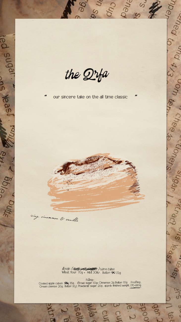 Recipe artboard: a cream card lying on a blurred, rotated page of printed recipe text. The card is headed 'the Qrfa' in brush script, a quoted line under it, a loose tan watercolour of a frosted cinnamon roll in the middle, a handwritten ingredient line beneath the drawing, and a small footnote of quantities at the foot.