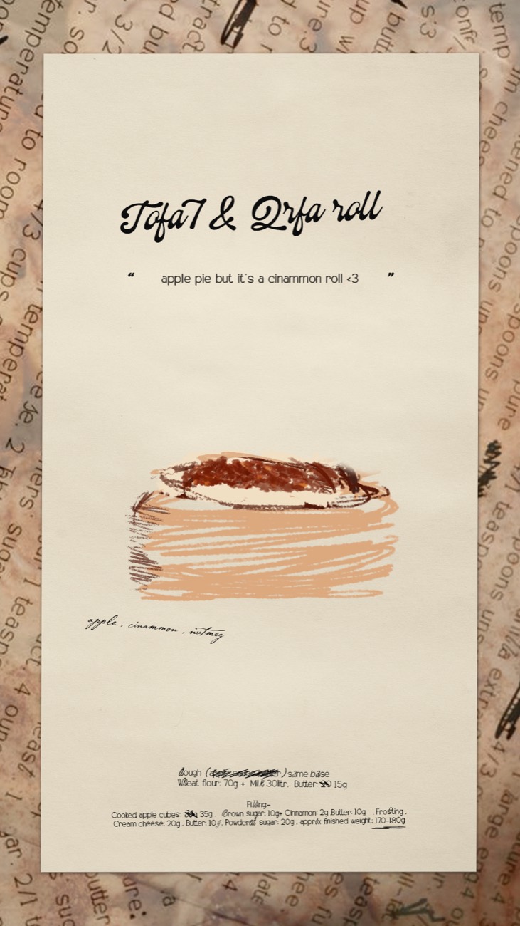 Recipe artboard headed 'Tofa7 & Qrfa roll' in brush script, with a tan and brown watercolour of an apple-topped roll, a handwritten line reading apple, cinnamon, nutmeg, and a footnote of quantities with corrections struck through.